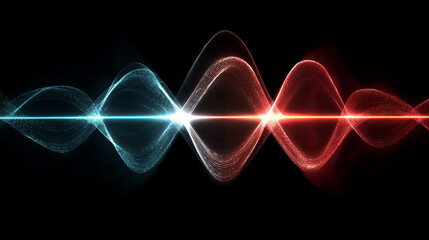 Glowing wave interference pattern in high contrast black background, featuring red and blue light waves