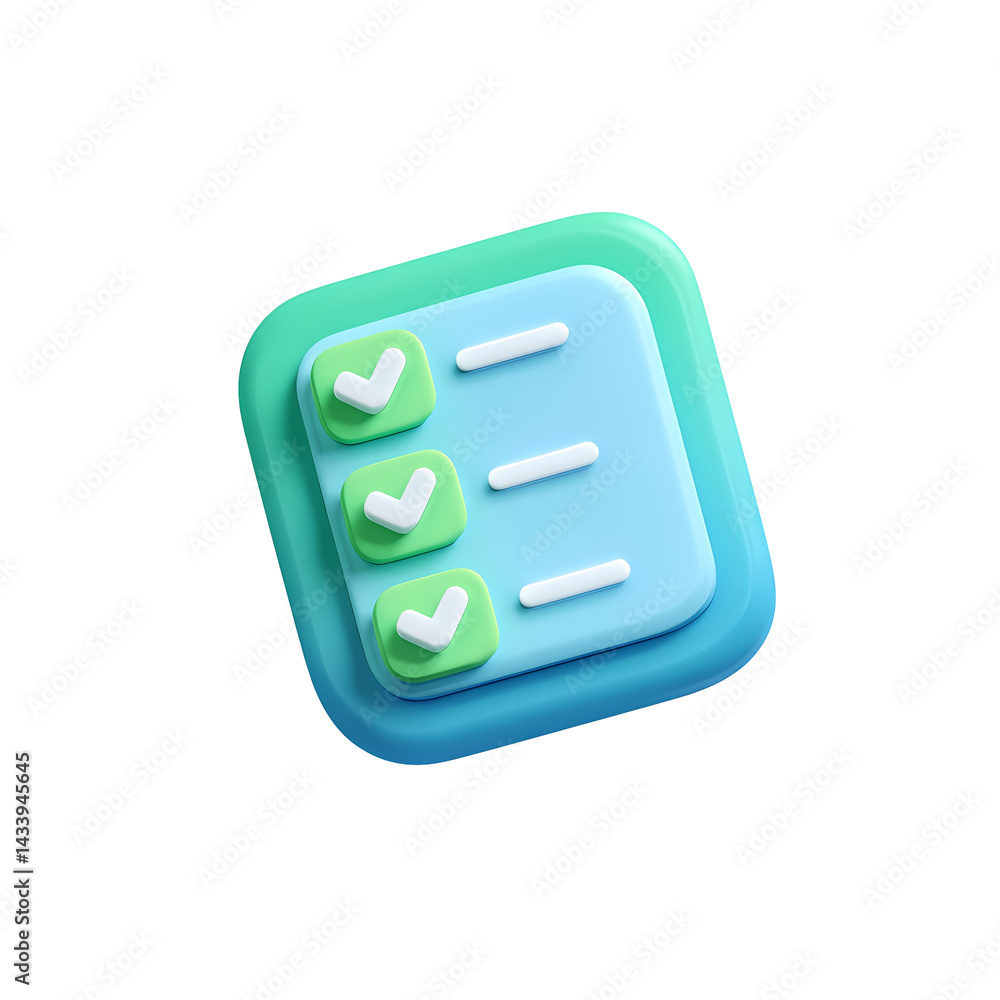 Poster 3d render of a checklist app icon with checkmarks and dashes