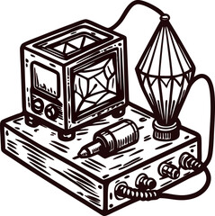 Vintage electronic device with detailed components and cables in monochrome