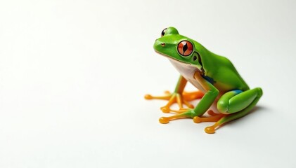 Obraz premium Green tree frog perched on white, vibrant skin, green tree frog, wildlife