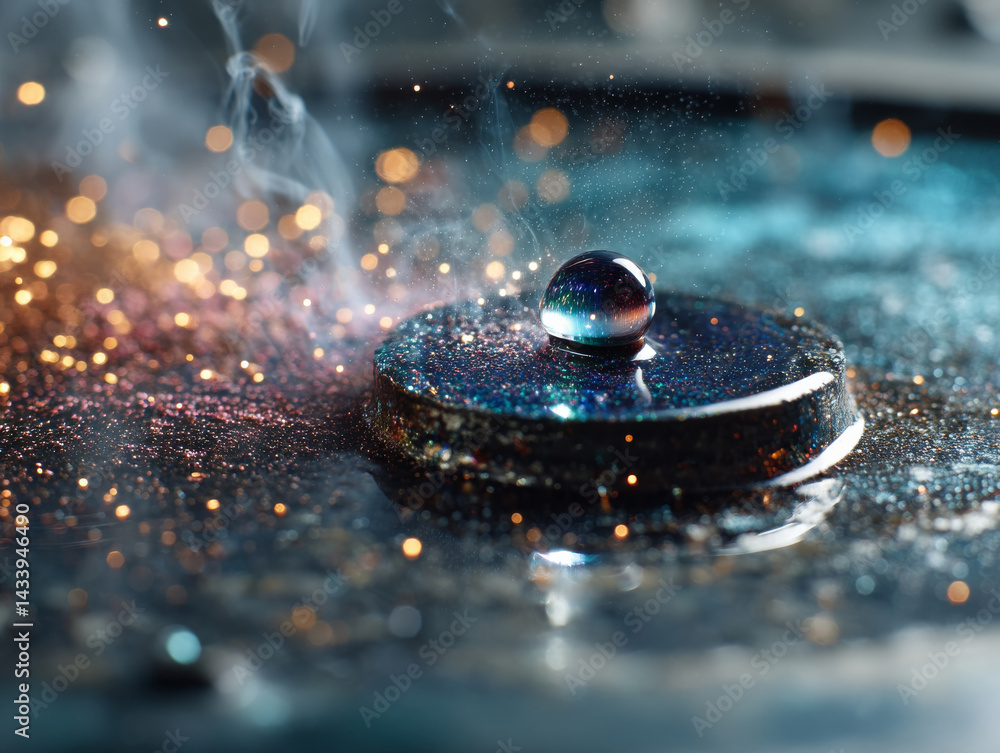 Poster drop of liquid reacts with metal, creating colorful, sparkling effect with smoke and steam. macro sh