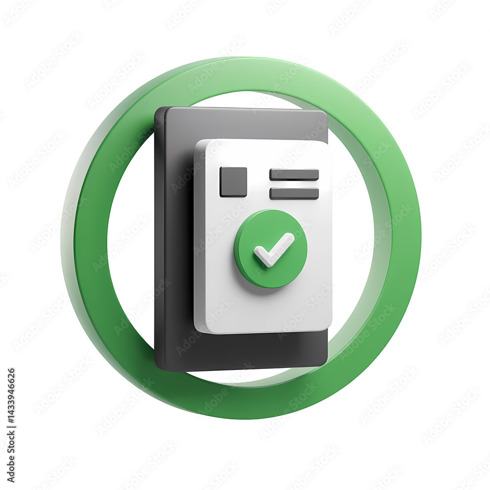 Poster 3d render of approved document icon on mobile app screen with green checkmark