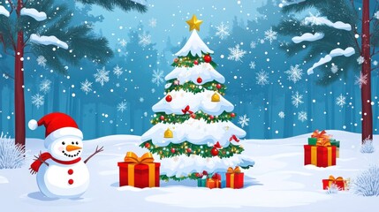 Festive Christmas Tree and Snowman in a Snowy Winter Wonderland