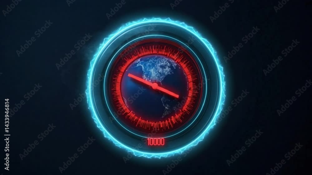 Poster dynamic earth and speedometer concept representing global change and urgency in a dark futuristic se