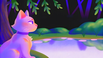Obraz premium Serene cat with calm expression sits by tranquil pond, surrounded by lush greenery and illuminated by soft, colorful lighting, creating peaceful atmosphere