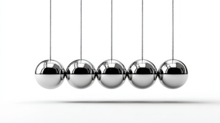 minimalist image of Newton cradle in motion, showcasing smooth metallic spheres against white background
