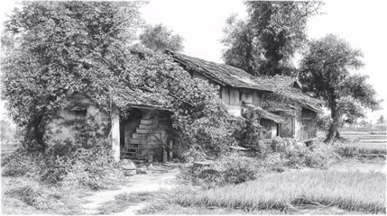 Overgrown Farmhouse in Pencil Detail