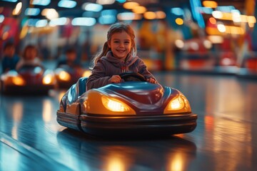 Smiling girl driving bumper car at amusement park, having fun on a thrilling ride with colorful lights in background
