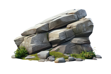Grey rock formation with green plants and grass detailed texture 3d game on transparent background