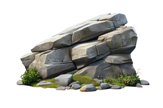 Grey rock formation with green plants and grass detailed texture 3d game on transparent background
