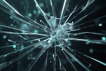 Fototapeta premium Shattered glass displaying vibrant turquoise bokeh lights, forming a striking and abstract composition with a futuristic flair