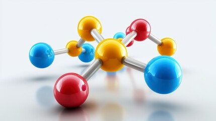 Obraz premium Abstract Molecular Model Red, Yellow, and Blue Spheres on White Background