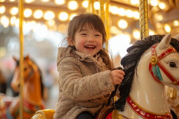 Cheerful child enjoying a ride on a carousel horse, illuminated by bright lights, at a lively amusement park