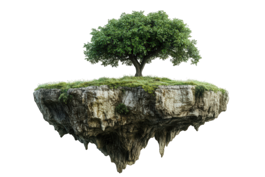 Serene floating island with lush green tree and rocky cliffs 3d art sky on transparent background