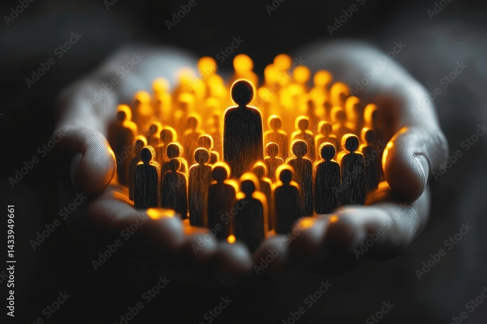 Aufkleber hands holding illuminated figurines symbolizing community support, unity and togetherness in a conce