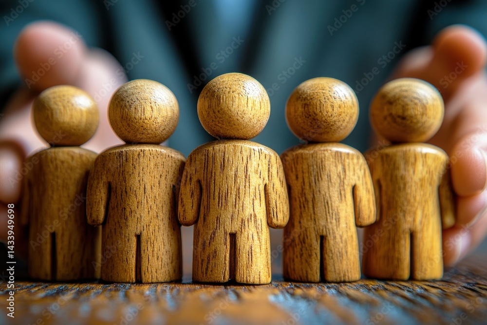 Poster hands holding wooden figurines representing team unity and support in business environment with warm