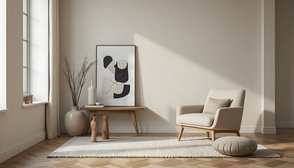 Interior Design living room with soft textiles, geometric decor, and sculptural accents. A modern yet cozy space.