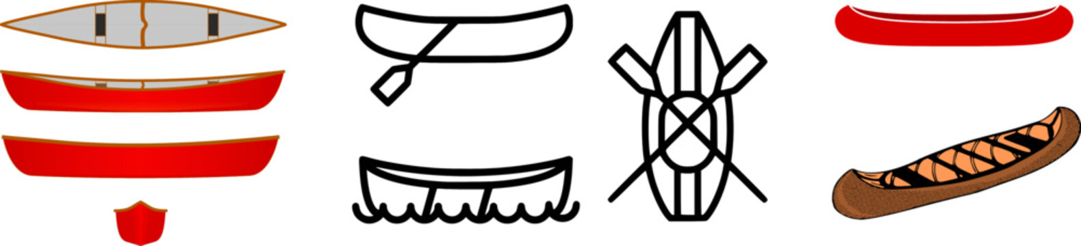 Transparent vector set of canoes and paddles in outline style, featuring various canoe types and oars for camping, kayaking, water sports, and outdoor adventure design themes.