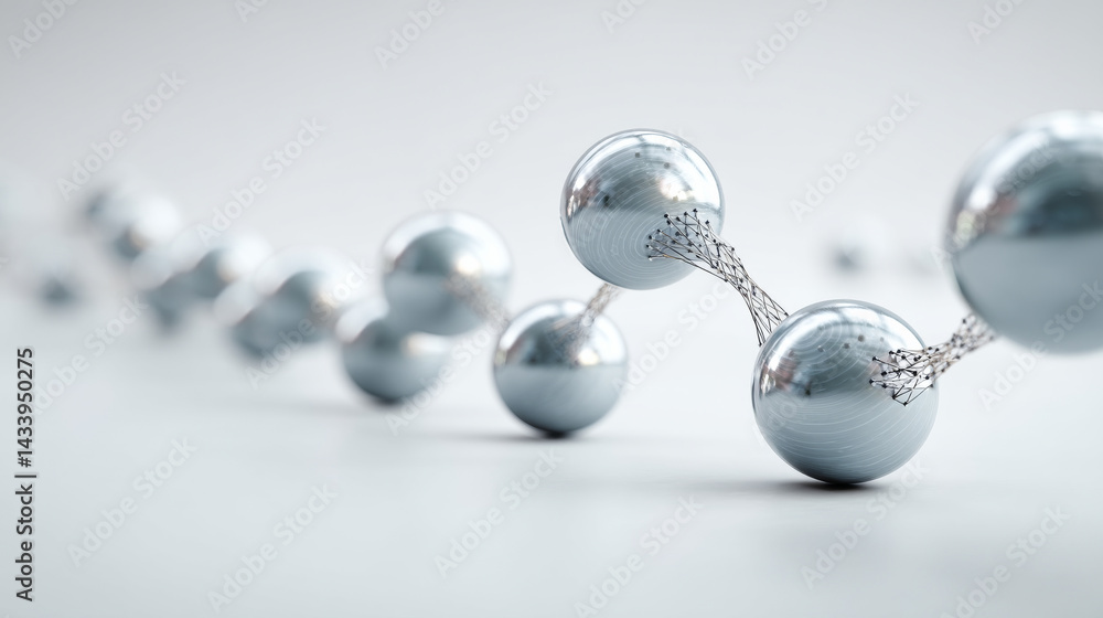 Poster stylized 3d dna chain made from abstract glowing spheres connected by intricate lines, set against s