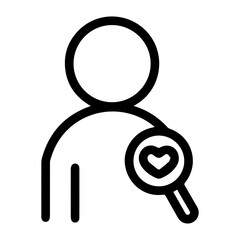 Minimalist icon of a person holding a magnifying glass up to a heart symbol. Symbolizing the search for love, examination of feelings, and the act of seeking affection. Black and white graphic