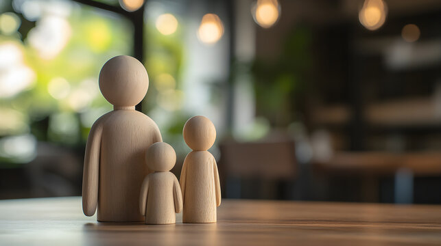 Wooden dolls placed on the table represent the family.