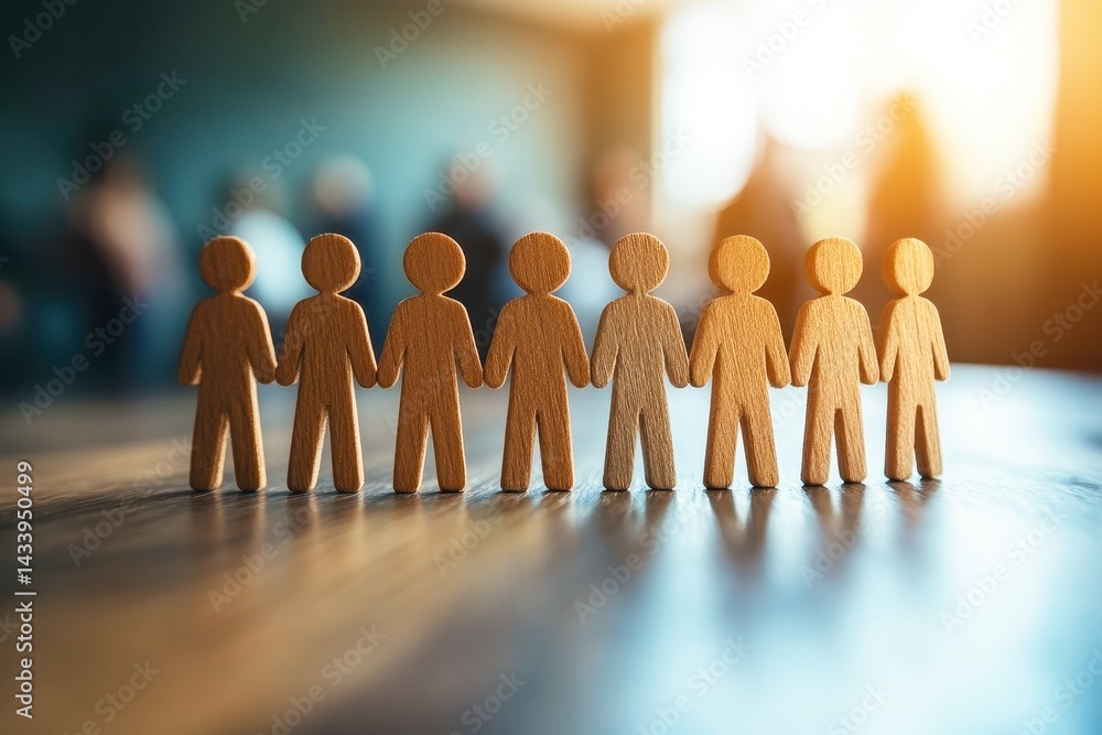 Poster wooden figures representing diverse individuals standing in a row against a softly blurred backgroun