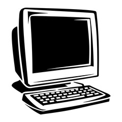 Vintage Computer with Monitor and Keyboard in Black and White Art