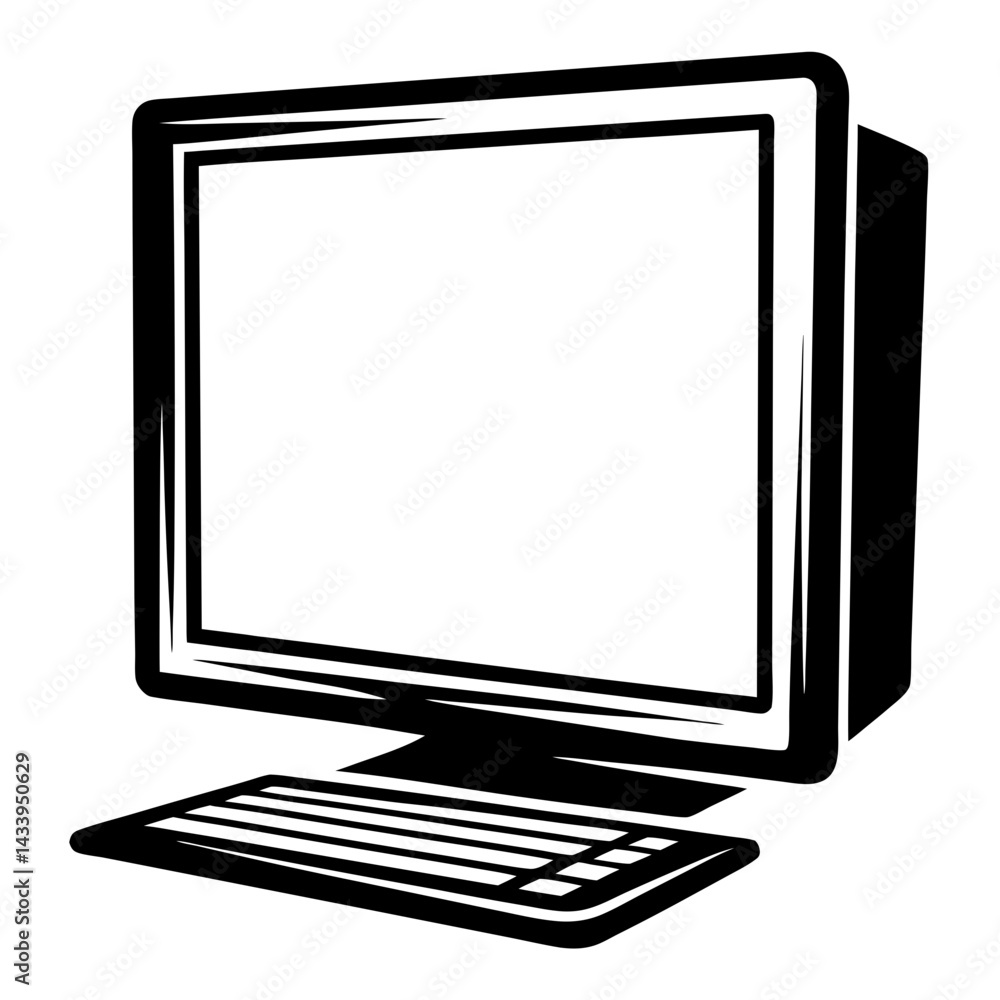 Poster vintage computer with monitor and keyboard isolated on a white background