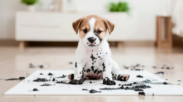 Adorable puppy covered in mud sitting on a white mat indoors, showcasing playful messiness and innocence of young pets