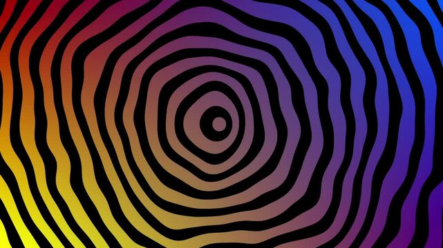 background animation slow motion gradient radiating zooming out distorted deformed circles rings from center to border, hypnotic spiral, psychedelic abstract radio wave. and optical illusion