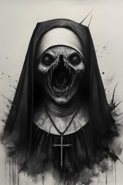 "Zakonnica Z Otchłani"
Martwe oczy i zdeformowana twarz spoglądają spod habitowego kaptura. Mroczny demon w habicie, z ustami zszytymi ludzkimi włosami. Inspiracja Techniki: tusz, oł&oacute;wek, akryl.