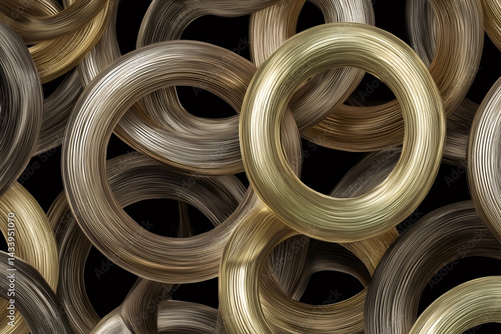 Poster metallic rings interlock and rotate, forming a hypnotic pattern against a dark background, creating 