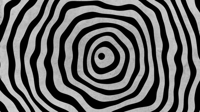 background animation slow motion concentric radiating zooming out distorted deformed circles rings from center to border, hypnotic spiral, psychedelic abstract radio wave. and optical illusion