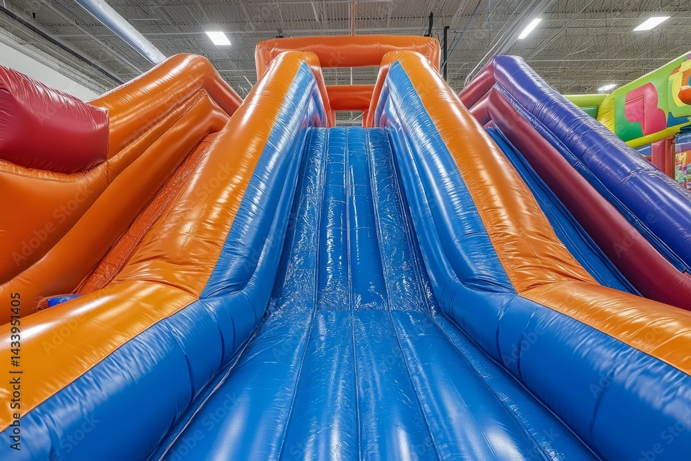 Aufkleber blue and orange inflatable slides create a fun and exciting atmosphere in an indoor playground, perf