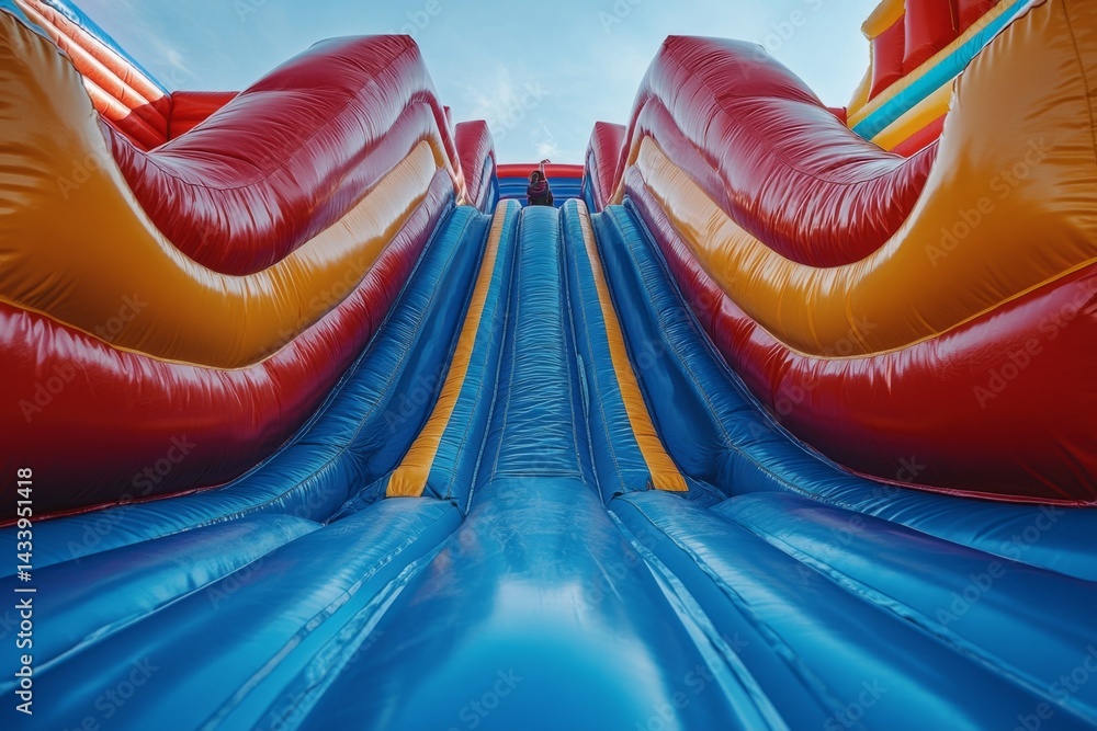 Poster low angle view of inflatable playground slide with child enjoying summer fun