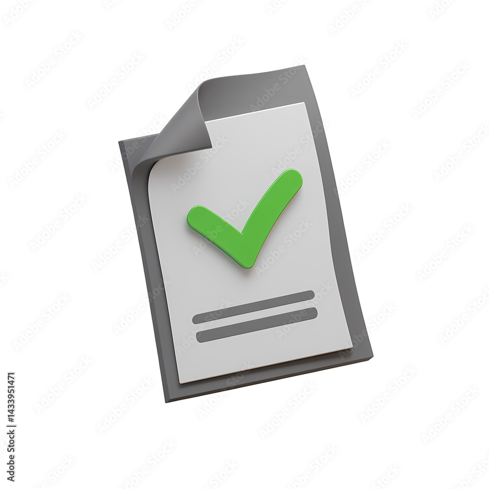 Poster 3d render of a document with a green check mark showing completion or approval