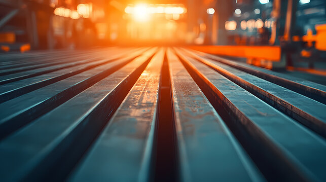 Industrial scene featuring metallic bars arranged in parallel, illuminated by warm ambient light, creating a dynamic, textured composition.