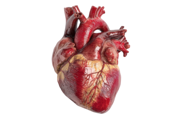 Detailed anatomical model of a healthy human heart showing ventricles and on transparent background