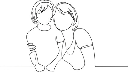Happy mom and daughter in continuous line drawing style. Minimalist black linear sketch isolated on white background. Vector illustration