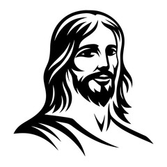 Black and white illustration of Jesus Christ with flowing hair and beard