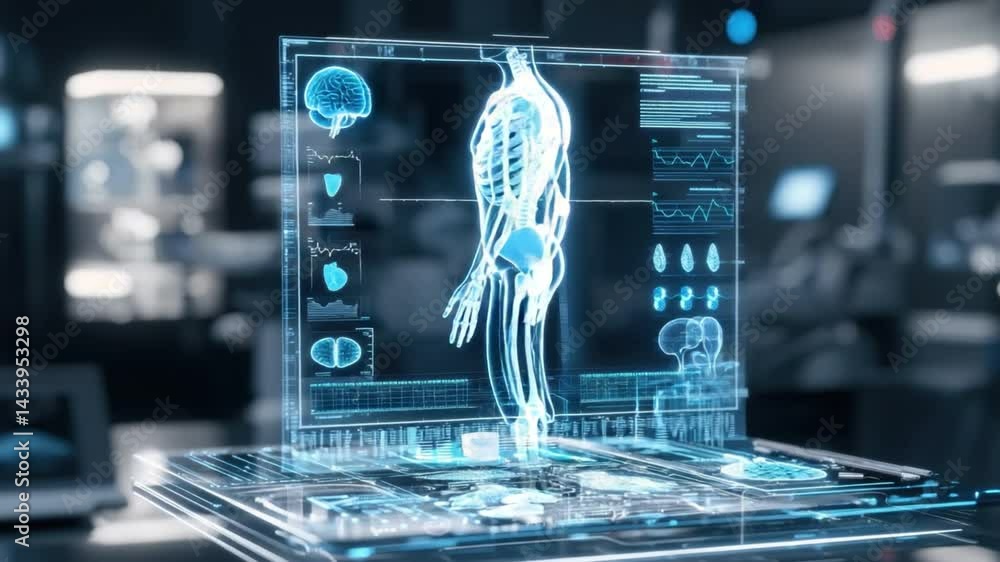Poster futuristic medical interface displaying human anatomy and health data in a high-tech setting