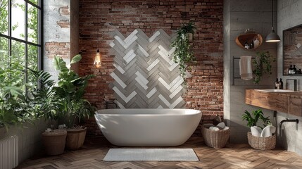 Bathroom with plants, brick wall, tub,  natural light
