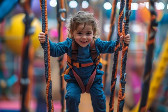 Fototapeta Little girl having fun playing and swinging on a rope bridge in an indoor amusement park