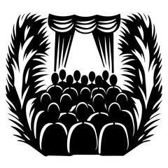 Monochrome theatrical scene with a stage, curtains, audience, and foliage details