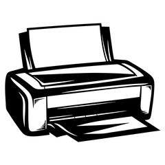 Black and white printer illustration showing printed paper emerging from tray
