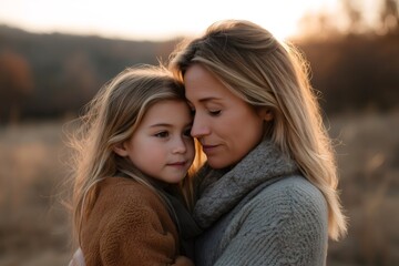 Fototapeta premium Mother and daughter sharing a tender moment, embracing in the warm glow of the setting sun in a peaceful field