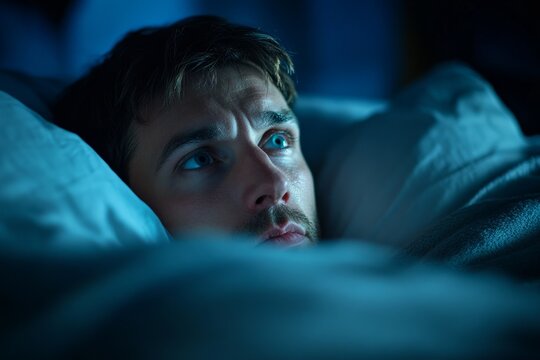 Sleepless man having trouble sleeping and suffering from insomnia is lying in his bed at night