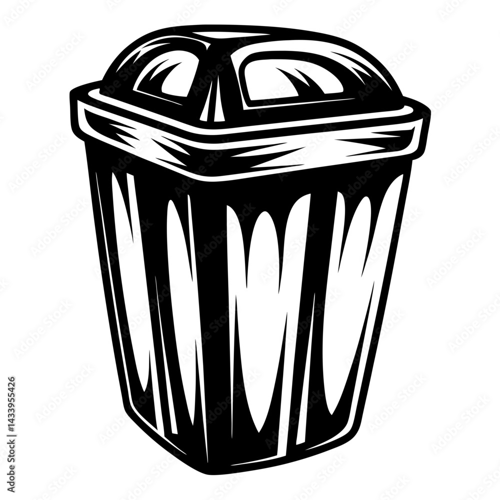 Poster monochromatic depiction of a rectangular trash can with a domed lid