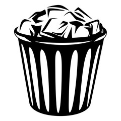 Black and white illustration of a trash can overflowing with paper