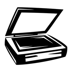 Minimalist black and white illustration of an open flatbed scanner device
